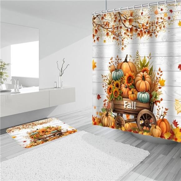 BRAND NEW 4Pcs Thanksgiving Day Shower Curtain Set - Picture 7 of 8